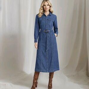 Lands' End Denim Shirt Dress Belted Midi Cotton Blue Long Sleeve Button Sz S 6/8